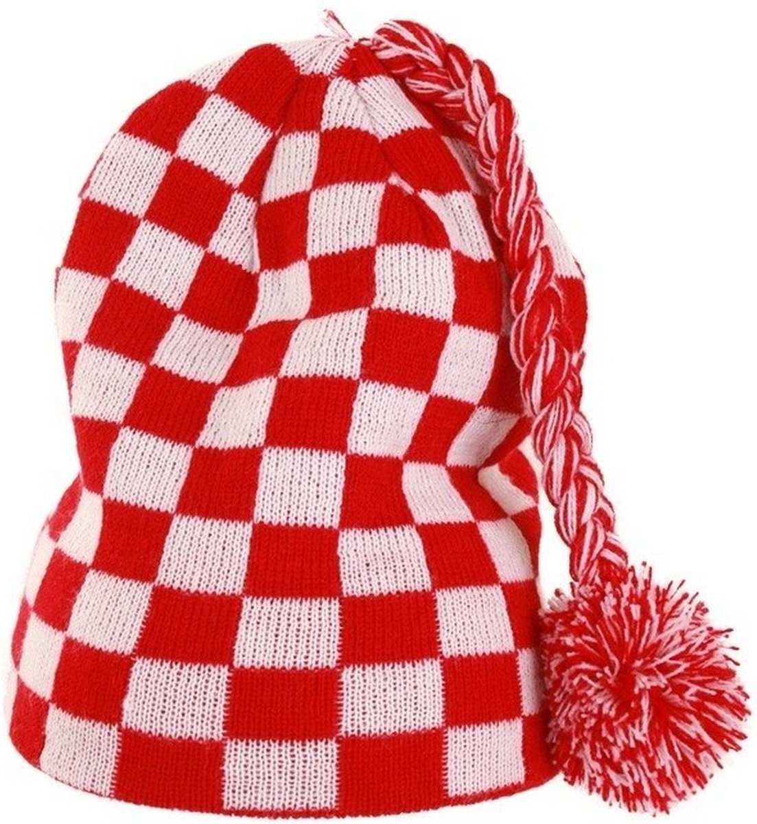 Gebreide muts geblokt rood/wit met flosje brabant
