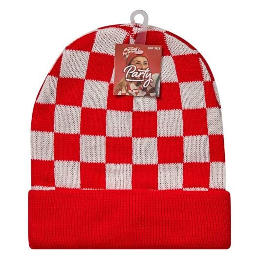 Gebreide Brabant muts geblokt rood/wit